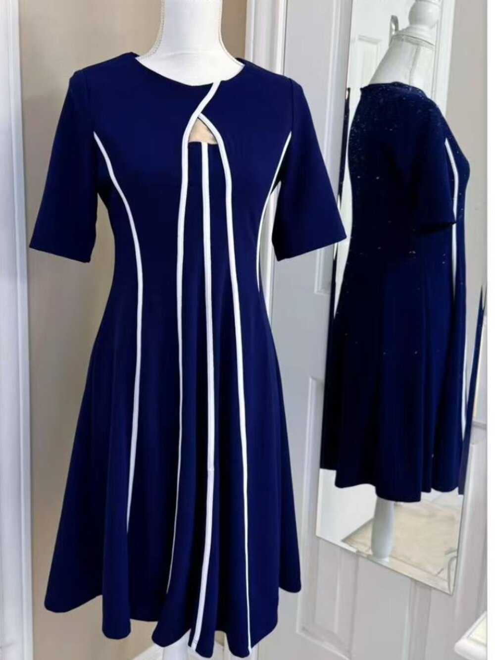 Fit-and-flare striking white vertical piping accents midi dress size 8